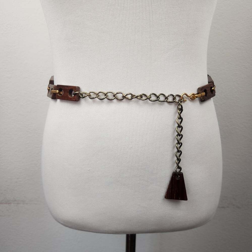 Vintage Wood Linked Metal Belt Brown Gold 70s Hippie Boho